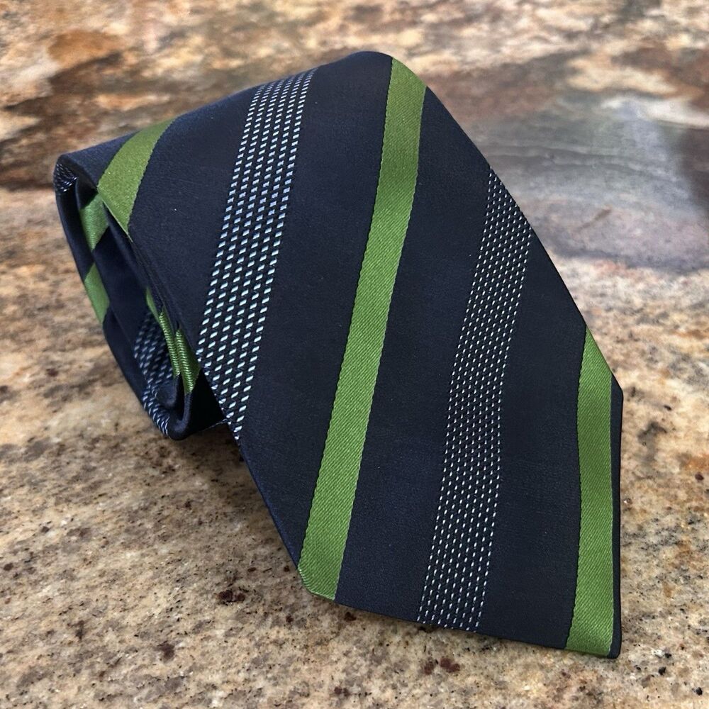 Hilditch & Key 100% Silk Necktie Tie Striped Navy Blue Green 61 x 3 3/4